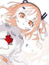 1girl a.i._voice adachi_rei cracked_skin hair_ornament hair_ribbon haru_maron headlamp heart_(organ) highres looking_at_viewer one_side_up orange_eyes orange_hair parted_lips radio_antenna ribbon shirt solo torn_clothes upper_body utau white_background white_ribbon white_shirt zoom_layer