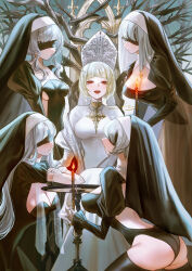 5girls absurdres ass black_dress black_leotard black_veil blindfold blonde_hair branch breasts candle candlestand chair cleavage cleavage_cutout closed_mouth clothing_cutout coif commentary cross crossed_arms dress elbow_gloves english_commentary fire fuyuumikou gloves goth_fashion gothic_lolita grey_hair grey_hat hat highres kneeling large_breasts latin_cross leaning_forward leotard lolita_fashion long_hair looking_at_viewer mitre multiple_girls nun open_mouth original red_eyes short_hair sidelocks sitting standing table veil white_dress