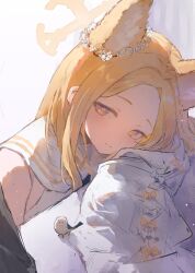 Rule 34 | 1girl, animal ear fluff, bird, blonde hair, blue archive, blush, closed mouth, detached sleeves, dress, extra ears, flower, forehead, fox girl, fox tail, hair flower, hair ornament, highres, looking at another, mumu millhayes, pink eyes, seia (blue archive), sleeves past fingers, sleeves past wrists, smile, solo, tail, white dress, white flower
