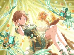 1girl anklet asymmetrical_sleeves award_ribbon bang_dream! bang_dream!_it&#039;s_mygo!!!!! blue_eyes blush bouquet bracelet choker corset daisy dress earrings flower gem green_dress green_gemstone hairband hand_on_own_knee hand_up high_heels jewelry light_brown_hair looking_at_viewer music_box nagasaki_soyo necklace official_art parted_lips pearl_(gemstone) pearl_necklace ribbon rose short_dress sitting smile solo table third-party_source yellow_flower yellow_rose