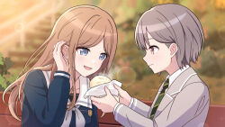 2girls bang_dream! bang_dream!_it&#039;s_mygo!!!!! steamed_bun blue_eyes blue_shirt blurry blurry_background blush bokeh brown_hair closed_mouth collared_shirt commentary_request depth_of_field feeding food green_necktie grey_hair grey_jacket grey_neckerchief haneoka_school_uniform highres jacket long_hair long_sleeves multiple_girls nagasaki_soyo neckerchief necktie novi_visual on_bench open_mouth outdoors red_eyes sailor_collar school_uniform shirt short_hair smile sparkle takamatsu_tomori tsukinomori_school_uniform upper_body white_sailor_collar white_shirt