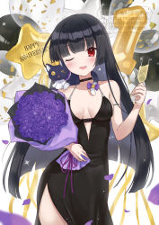 1girl ahase_hino alcohol balloon bare_shoulders black_choker black_dress black_hair blush bouquet breasts cat champagne champagne_flute choker commission cup dress drinking_glass english_text flower flute highres holding holding_bouquet holding_flute holding_instrument instrument long_hair looking_at_viewer medium_breasts number_balloon one_eye_closed open_mouth original red_eyes skeb_commission smile solo star_balloon