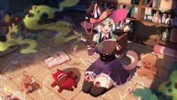 absurdres animal_ear_fluff animal_ears artist_name black_hat black_nails black_thighhighs book bottle breasts candle chalk cleavage commission dress fangs frilled_dress frills gradient_hair green_eyes green_hair grey_hair hat highres holding holding_book indie_virtual_youtuber kneeling magic_circle multicolored_hair open_book open_mouth purple_dress scar scar_on_leg see-through_cleavage see-through_clothes shadow smile smoke sodasneb streaked_hair stuffed_animal stuffed_toy tail teddy_bear thighhighs twitter_username virtual_youtuber weiic whiskers witch_hat wooden_floor