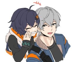 1boy 1girl ^_^ belle_(zenless_zone_zero) black_shirt blue_hair blue_jacket brother_and_sister closed_eyes crossed_bangs green_eyes grey_hair hair_ornament jacket letter_hair_ornament nrso24944 shirt siblings smile upper_body wise_(zenless_zone_zero) zenless_zone_zero