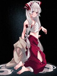 1girl barefoot bow chest_sarashi fujiwara_no_mokou hair_bow highres long_hair mokoiscat ofuda ofuda_on_clothes pants red_bow red_eyes red_pants sarashi shirt smile solo touhou undressing very_long_hair white_bow white_hair