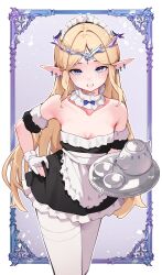 1girl absurdres alternate_costume apron bare_shoulders black_dress blonde_hair blue_eyes blush breasts cartethyia_(wuthering_waves) collarbone commentary crown_of_thorns cup detached_sleeves dress earrings enmaided frilled_apron frilled_hairband frills grin hairband hand_on_own_hip highres holding holding_tray jewelry long_hair looking_at_viewer maid maid_headdress medium_breasts namiorii pantyhose smile solo strapless strapless_dress teacup teapot tray very_long_hair white_apron white_hairband white_pantyhose wuthering_waves