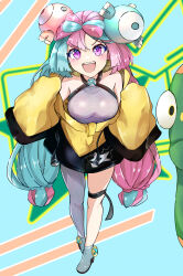 1girl bellibolt blue_hair breasts highres iono_(pokemon) medium_breasts multicolored_hair nintendo pink_hair pokemon pokemon_(creature) pokemon_sv sasai_tuki sharp_teeth teeth