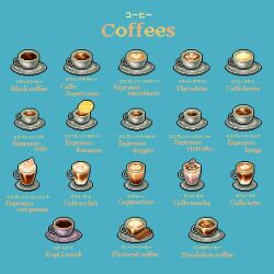 bilingual_text blue_background cafe_au_lait caffe_latte caffe_mocha cappuccino coffee commentary cup dandelion_coffee drink english_commentary espresso_(drink) food food_focus food_name fruit heart highres kopi_luwak mixed-language_text mug no_humans orange_(fruit) orange_slice original pixel_art simple_background whipped_cream yuuki_mokuya