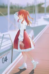 1girl blurry blurry_background boat bocchi_the_rock! chinese_commentary commentary_request copyright_name day hair_between_eyes high_heels highres kita_ikuyo long_hair long_sleeves looking_at_viewer mnyfn7 one_side_up orange_eyes outdoors pier red_hair red_skirt shirt shoes sidelocks skirt solo standing translated watercraft white_shirt white_shoes