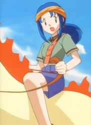 1girl anime_screenshot gen_1_pokemon headband highres lara_laramie nintendo pokemon pokemon_(anime) pokemon_(classic_anime) pokemon_ep033 ponyta ponytail reins resized riding riding_pokemon shorts shoulder_belt third-party_edit upscaled