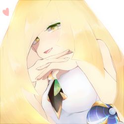 1girl bare_arms beast_ball blonde_hair breasts commentary_request diamond_(shape) dress eyelashes gem green_gemstone heart long_hair lusamine_(pokemon) misha_(ohds101) nintendo poke_ball pokemon pokemon_sm simple_background sleeveless sleeveless_dress solo upper_body white_background white_dress yellow_eyes