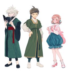 1girl 2boys ahoge animal_bag arm_at_side backpack bag black_pants blunt_bangs bong_(0u0bon) book braid brown_eyes brown_hair clothing_request commentary_request danganronpa_(series) danganronpa_2:_goodbye_despair dress flower frilled_skirt frills full_body fur_trim green_skirt grey_eyes grey_hair hair_between_eyes hair_flower hair_ornament hair_ribbon hairclip hand_on_own_hip high_heels highres hinata_hajime holding holding_book komaeda_nagito layered_sleeves long_sleeves looking_at_viewer multiple_boys nanami_chiaki open_book pants pink_hair rabbit_bag reading ribbon shirt shoes short_hair short_over_long_sleeves short_sleeves simple_background skirt smile socks white_background white_footwear white_hair white_shirt wide_sleeves