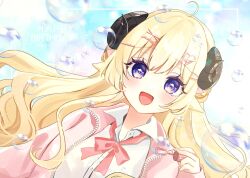 1girl :d ahoge animal_ears blonde_hair blush bow bubble collared_shirt commentary_request dated dress_shirt dutch_angle hair_between_eyes hair_ornament hairclip happy_birthday highres holding hololive horns jacket long_hair long_sleeves looking_at_viewer open_clothes open_jacket open_mouth pink_bow pink_jacket purple_eyes rino_cnc sheep_ears sheep_girl sheep_horns shirt sleeves_past_wrists smile solo tsunomaki_watame tsunomaki_watame_(school_uniform) upper_body virtual_youtuber white_shirt x_hair_ornament