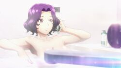 1girl animated anime_screenshot armpits bathroom bathtub breasts cellphone collarbone convenient_censoring grand_blue hamaoka_azusa highres holding holding_phone large_breasts medium_hair parted_bangs phone pink_eyes purple_hair smartphone sound tagme video