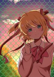 Rule 34 | 1girl, ahoge, aqua eyes, backlighting, blonde hair, blush, bow, closed mouth, commentary request, fence, floating hair, hair between eyes, hair ornament, hair ribbon, hand up, head tilt, highres, index finger raised, kamikita komari, little busters!, little busters! school uniform, long ribbon, looking at viewer, maru mayu000, outdoors, pink bow, red ribbon, ribbon, school uniform, short hair, smile, solo, star (symbol), star hair ornament, sunset, sweater, two side up, upper body, yellow sweater