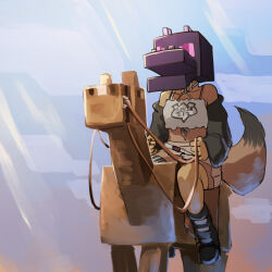 1girl animal animal_ears bare_shoulders belt black_jacket blue_sky boots camisole coyote_(kemono_friends) extra_ears gloves highres jacket kemono_friends kemono_friends_v_project mcgunngu minecraft parody simple_background skirt sky tail thighhighs virtual_youtuber white_camisole wolf_tail yellow_gloves