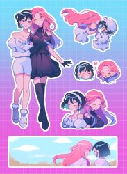 2girls ;o alien_stage asymmetrical_gloves black_dress black_gloves black_hair black_shoes black_sleeves black_thighhighs blue_hair bob_cut boots closed_eyes commentary detached_sleeves dress earrings elbow_gloves english_commentary gloves gradient_hair hat heart highres jewelry juliet_sleeves locked_arms long_hair long_sleeves mizi_(alien_stage) multicolored_hair multiple_girls off-shoulder_dress off_shoulder one_eye_closed orri_(iirokagi) pearl_earrings pink_hair puffy_sleeves purple_eyes riichuuba shoes short_hair short_sleeves single_elbow_glove sleeveless sleeveless_dress smile sticker_sheet sua_(alien_stage) thighhighs two-tone_hair uneven_gloves very_long_hair white_boots white_hat yellow_eyes
