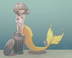 1girl breasts camisole closed_mouth fins grey_hair hair_between_eyes highres honkai:_star_rail honkai_(series) karmen_hargidsi medium_hair mermaid monster_girl monsterification navel parody shadow sleeveless smile solo stelle_(honkai:_star_rail) stomach the_little_trashmaid trailblazer_(honkai:_star_rail) trash_can underwater white_camisole yellow_eyes yellow_tail