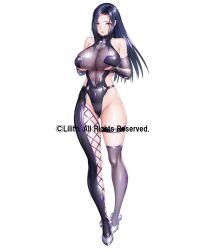 1girl :&gt;= bankoin_mange breasts copyright_name curvy full_body grabbing_own_breast highleg highleg_leotard highres impossible_clothes impossible_leotard large_breasts leotard lilith-soft long_hair looking_at_viewer nobushito_kuro shiny_clothes shiny_skin taimanin_(series) taimanin_rpgx white_background wide_hips