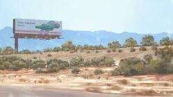 Rule 34 | ad, billboard, desert, highres, mountainous horizon, no humans, original, outdoors, plant, road, rust, scenery, simon stalenhag