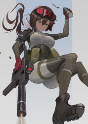 1girl absurdres ammunition_pouch bodysuit boots breasts brown_hair combat_boots commission dark_skin explosive falling gloves goggles goggles_on_head green_eyes grenade grenade_pin grin gun hair_ribbon hand_grenade highres klottinen kriss_vector maple_(nano_buns) medium_breasts original ponytail pouch red_gloves ribbon shell_casing shiny_clothes smile solo submachine_gun symbol-shaped_pupils teeth weapon white_ribbon