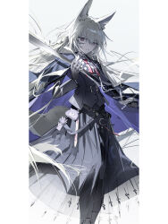 1girl absurdres animal_ears arknights black_jacket black_skirt blonde_hair closed_mouth fox_ears fox_girl highres holding holding_sword holding_weapon jacket looking_at_viewer luozhou_pile necktie pillarboxed red_eyes red_necktie skirt solo sword vulpisfoglia_(arknights) weapon