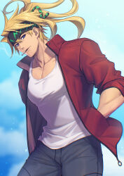 1boy adam&#039;s_apple blue_eyes blue_sky collarbone commentary_request cowboy_shot fate/grand_order fate_(series) hand_in_pocket headband jacket long_hair looking_at_viewer male_focus pectoral_cleavage pectorals ponytail red_jacket sakata_kintoki_(fate) sakata_kintoki_(heian_warrior_attire)_(fate) shirt sky white_shirt zanshi