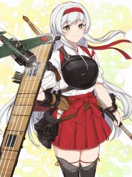1girl absurdres anti-aircraft anti-aircraft_gun archery b6n_tenzan blush bow_(weapon) breasts brown_eyes clover_background gloves hair_ribbon hairband hakama hakama_short_skirt hakama_skirt headband highres japanese_clothes kanmiya_shinobu kantai_collection kyuudou long_hair muneate partially_fingerless_gloves partly_fingerless_gloves quiver red_hakama red_headband ribbon shoukaku_(kancolle) shoukaku_kai_ni_(kancolle) skirt smile solo tasuki thighhighs twintails weapon white_hair yellow_background yugake