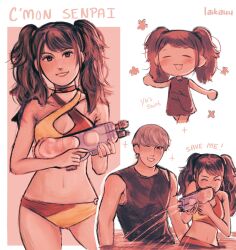 blush breasts highres kujikawa_rise laikauu narukami_yu navel persona persona_4 small_breasts swimsuit tank_top water_gun wearing_partner&#039;s_clothes