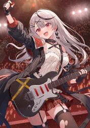 1girl :d adju_ster animal_collar arm_up belt black_belt black_collar black_gloves black_hair black_jacket black_socks black_thighhighs braid breasts camisole center-flap_bangs chest_harness cleavage collar concert crowd double-parted_bangs electric_guitar fingerless_gloves frilled_camisole frills garter_straps gloves glowstick grey_hair guitar hair_ornament hairclip harness highres holding holding_guitar holding_instrument holding_plectrum hololive instrument jacket long_hair long_sleeves looking_at_viewer medium_breasts miniskirt multicolored_hair multiple_belts music nail_polish off-shoulder_jacket off_shoulder official_alternate_hair_length official_alternate_hairstyle open_clothes open_jacket open_mouth pendant_collar penlight_(glowstick) plaid_clothes plaid_skirt playing_instrument plectrum red_eyes red_nails red_skirt sakamata_chloe sakamata_chloe_(1st_costume) side_braid skirt smile socks solo spaghetti_strap straight_hair streaked_hair studded_belt thighhighs torn_clothes torn_thighhighs two-sided_fabric two-sided_jacket virtual_youtuber white_camisole x_hair_ornament