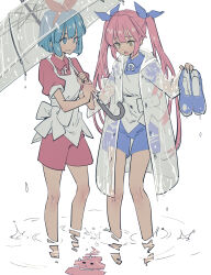 Rule 34 | 2girls, apron, blue eyes, blue hair, blue ribbon, blue shirt, blue shorts, clenched teeth, coat, commentary request, full body, grimace, hair ribbon, hairband, highres, holding, holding shoes, holding umbrella, holding unworn clothes, hood, hood down, hooded coat, long sleeves, looking down, multiple girls, omega ray, omega rio, omega sisters, open clothes, open coat, open mouth, parted lips, pink hair, puffy short sleeves, puffy sleeves, raincoat, red hairband, red ribbon, red shirt, red shorts, reflection, reflective water, ribbon, see-through clothes, see-through raincoat, shirt, shoes, short hair, short sleeves, shorts, siblings, simple background, sisters, standing, tamo (gaikogaigaiko), teeth, transparent, transparent umbrella, twintails, umbrella, unworn shoes, virtual youtuber, wading, water, wet, wet clothes, white apron, white background, yellow eyes