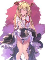 1girl absurdres betabeet black_skirt blonde_hair breasts closed_mouth collarbone granblue_fantasy head_wings highres lifting_own_clothes long_hair looking_at_viewer nipples one_breast_out pointy_ears presenting princess_connect! pussy pussy_juice red_eyes red_wings shadowverse shingeki_no_bahamut shirt skirt small_breasts smile solo standing straight_hair vampy wavy_mouth white_shirt wings