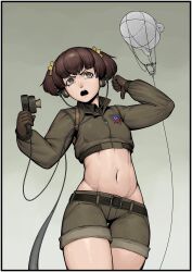 1girl absurdres adapted_costume aircraft alisa_(girls_und_panzer) brown_eyes brown_gloves brown_jacket brown_shorts cable commentary cropped_jacket dirigible english_commentary freckles girls_und_panzer gloves gradient_background green_background headphones highres holding holding_microphone jacket long_sleeves microphone navel open_mouth robotboy_22 saunders_military_uniform shorts simple_background solo stomach thigh_gap v-shaped_eyebrows zipper zipper_pull_tab