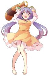 1girl alphes_(style) barefoot biwa_lute bracelet brown_dress chain commentary_request dairi dress flower full_body hair_flower hair_ornament instrument jewelry long_hair long_sleeves looking_at_viewer lute_(instrument) musical_note parody purple_eyes purple_hair shining_needle_castle smile solo style_parody tachi-e touhou transparent_background tsukumo_benben twintails very_long_hair