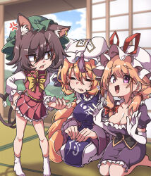 Rule 34 | 3girls, absurdres, animal ear fluff, animal ear piercing, animal ears, barefoot, blonde hair, blue tabard, breasts, brown eyes, brown hair, cat ears, cat girl, cat tail, chen, chibi, cleavage, closed eyes, deformed, dress, elbow gloves, fang, flat chest, fox girl, fox tail, frills, gloom (expression), gloves, gokuu (acoloredpencil), hair between eyes, hair ribbon, hat, highres, indoors, kitsune, kyuubi, large breasts, long hair, long sleeves, looking at another, medium hair, mob cap, multiple girls, multiple tails, open mouth, purple dress, purple eyes, red skirt, red vest, ribbon, role reversal, scolding, seiza, shirt, short sleeves, sitting, skin fang, skirt, sliding doors, socks, tabard, tail, tatami, textless version, touhou, two tails, vest, white dress, white gloves, white shirt, white socks, yakumo ran, yakumo yukari