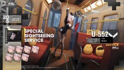 1girl ahoge arm_up azur_lane black_choker black_pantyhose black_suit blue_eyes bow bowtie breasts bus_interior choker eye_mask formal_clothes full_body hair_over_one_eye heterochromia highres id_card large_breasts logo manjuu_(azur_lane) multiple_expressions official_alternate_costume official_art pantyhose red_bow red_bowtie red_hair shirt short_hair standing suit u-552_(azur_lane) u-552_(special_sightseeing_service)_(azur_lane) white_hair white_shirt