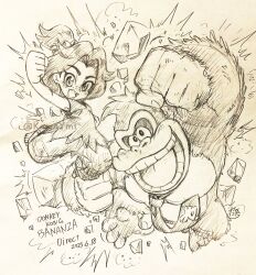 1boy 1girl dated donkey_kong donkey_kong_(series) donkey_kong_bananza english_text furry furry_male greyscale highres looking_at_viewer monochrome necktie nintendo open_mouth pauline_(mario) pauline_(young)_(mario) teeth yamato_koara