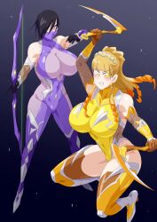 2girls bodysuit boots holding_weapons kanisuka_rita leotard multiple_girls ohsama_sentai_king-ohger otokamu pin_up ran_himeno super_sentai thigh_boots