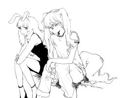 Rule 34 | 2girls, animal ears, bad id, bad twitter id, chuchu (show by rock!!), dress, glasses, greyscale, highres, inactive account, long hair, monochrome, multiple girls, open mouth, pants, rabbit ears, retoree (show by rock!!), shirt, shoes, show by rock!!, simple background, sitting, smile, suiso (owp), tail, twintails, very long hair, white background