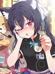 1girl animal_ear_fluff animal_ears black_hair black_shirt blue_archive blush breasts cat_ears cat_girl chopsticks commentary_request fang halo highres holding holding_chopsticks indoors looking_at_viewer mikoshi_(user_wvyd4348) one_eye_closed open_mouth pink_halo red_eyes serika_(blue_archive) shirt short_sleeves small_breasts solo twintails