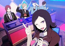 2girls 3boys absurdres amano_maya black_hair black_jacket black_shirt blonde_hair blue_eyes blue_hair blue_shirt brown_eyes brown_hair clenched_hand closed_mouth collared_shirt game_show hair_over_one_eye hand_over_face hand_up highres holding holding_microphone igusaharu jacket kasugayama_high_school_uniform kurosu_jun lisa_silverman medium_hair microphone mishina_eikichi multicolored_hair multiple_boys multiple_girls one_eye_closed open_mouth parted_bangs persona persona_2 persona_2_batsu persona_2_tsumi ponytail purple_eyes red_eyes school_uniform seven_sisters_high_school_uniform shirt short_hair smile streaked_hair suou_tatsuya swept_bangs upper_body