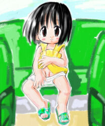 1girl black_hair blush brown_eyes bus_interior censored clothes_lift dress dress_lift flat_chest green_sandals loli looking_at_viewer manoyuya_(artist) original panties panty_pull pussy sandals short_hair sitting sleeveless sleeveless_dress smile underwear white_panties yellow_dress