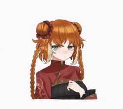 1girl 68oljg black_dress braid chinese_clothes double_bun dress family_hierarch_candidate_(identity)_(project_moon) freckles hair_bun highres ishmael_(project_moon) limbus_company long_hair looking_at_viewer multicolored_hair orange_hair project_moon red_shrug simple_background solo streaked_hair twin_braids upper_body very_long_hair white_background white_hair