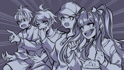 2boys 2girls ahoge amemiya_darumi baseball_cap blush collar eyelashes eyepatch food gaijin_4koma_(meme) greyscale hand_up hands_up hat heart highres japanese_clothes jewelry kawana_tsubasa makeup meme messy_hair monochrome multiple_boys multiple_girls necklace omokage_yugamu one_eye_covered open_mouth popcorn runny_makeup sumino_takumi teeth the_hundred_line_-last_defense_academy- upper_body upper_teeth_only