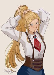 1girl absurdres blonde_hair fire_emblem fire_emblem_engage hair_slicked_back high_ponytail highres jade_(fire_emblem) long_hair looking_at_viewer nintendo ponytail solo suspenders tamafry very_long_hair yellow_eyes