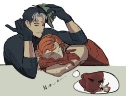 arsenal_(dc) bat_signal batman_(series) batman_symbol bewarebbpower black_bodysuit black_gloves black_hair blue_eyes bodysuit dc_comics gloves grey_bodysuit highres jason_todd male_focus multicolored_hair multiple_boys muscular muscular_male red_hood_(dc) red_hood_and_the_outlaws roy_harper short_hair superhero_costume taut_bodysuit two-tone_bodysuit two-tone_hair white_hair