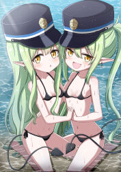 2girls :d :o absurdres bare_arms bare_legs bare_shoulders barefoot bikini black_bikini black_hat blue_archive blush breasts brown_eyes commentary day demon_tail earrings elf fang green_hair groin hat highres hikari_(blue_archive) holding_hands interlocked_fingers jewelry jiu_(sdesd3205) kneeling loli long_hair looking_at_viewer multiple_girls navel nozomi_(blue_archive) open_mouth outdoors parted_lips peaked_cap pointy_ears shallow_water siblings side-tie_bikini_bottom sisters small_breasts smile swimsuit tail twins twintails very_long_hair water wet yellow_eyes
