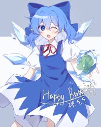1girl blue_bow blue_dress blue_eyes blue_hair blush bow cirno cirno_day collared_shirt commentary dot_nose dress empty401 fang frozen_frog hair_between_eyes hair_bow highres ice ice_wings looking_at_viewer neck_ribbon one_eye_closed open_mouth puffy_short_sleeves puffy_sleeves red_ribbon ribbon shirt short_hair short_sleeves skin_fang solo sparkle touhou white_shirt wings