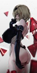 Rule 34 | 1girl, absurdres, ass, bare shoulders, black gloves, black leotard, blonde hair, breasts, covered erect nipples, disgustingtokki, elbow gloves, from side, gloves, goddess of victory: nikke, hair ornament, hairclip, highres, huge breasts, leotard, multicolored leotard, open mouth, red eyes, red shoes (nikke), short hair, simple background, smile, solo, thighs, two-tone leotard, white background, white leotard