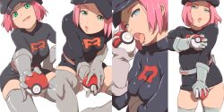 1girl aonori_misuji belt black_hat breasts gloves green_eyes hat holding looking_at_viewer medium_breasts multiple_views nintendo open_mouth pink_hair poke_ball poke_ball_(basic) pokemon pokemon_go short_hair simple_background skirt smile team_rocket team_rocket_grunt team_rocket_uniform thighhighs white_background